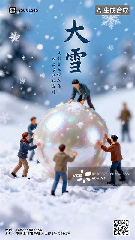 【AI数字艺术】微距风格二十四节气大雪插画几个人堆雪人堆雪球图片素材