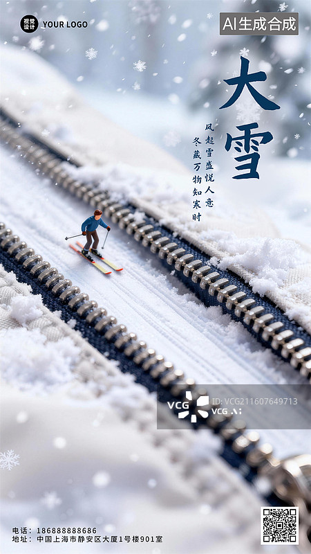 【AI数字艺术】微距风格二十四节气大雪插画一个人在衣服拉链上滑雪，滑雪雪道图片素材