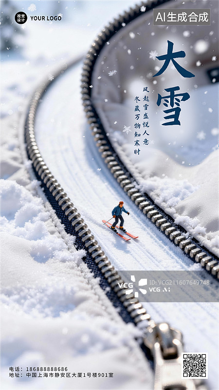 【AI数字艺术】微距风格二十四节气大雪插画一个人在衣服拉链上滑雪，滑雪雪道图片素材
