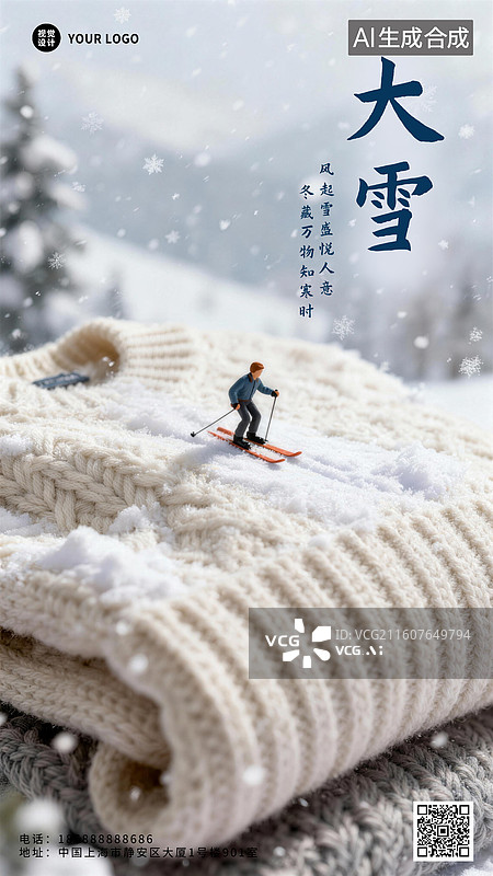【AI数字艺术】微距风格二十四节气大雪插画毛衣上滑雪图片素材
