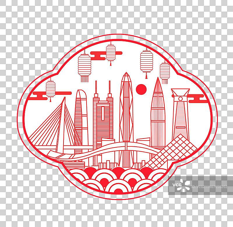 深圳红色传统工艺刻纸剪纸文化新年灯笼城市图片素材