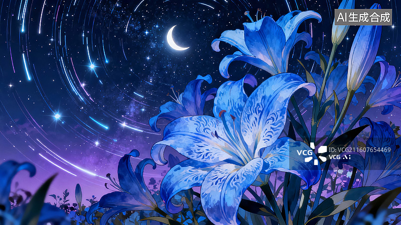 【AI数字艺术】蓝百合梦幻星空装饰场景图片素材