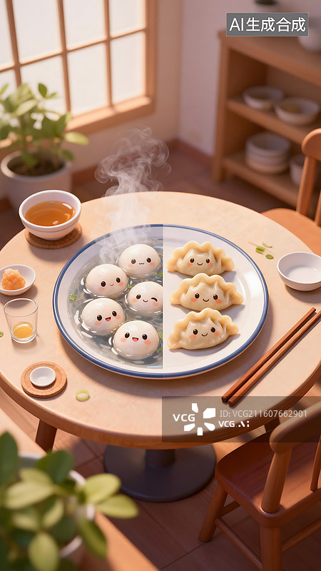 【AI数字艺术】AIGC：冬至节气背景，餐坐上的汤圆和饺子，南方吃汤圆，北方吃饺子，卡通拟人风光，背景图片素材