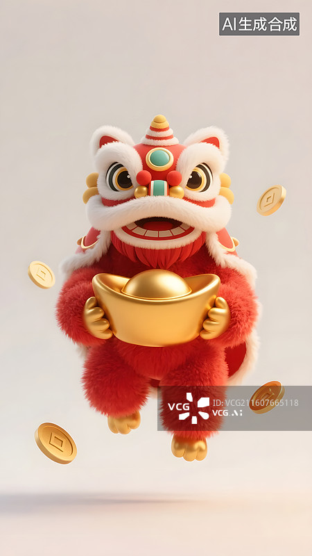 【AI数字艺术】喜庆醒狮怀抱金元宝迎祥纳福图片素材