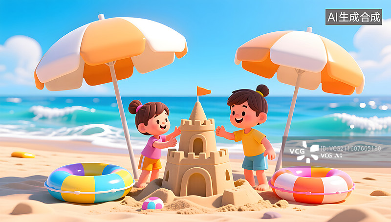 【AI数字艺术】亲子海边度假夏日欢乐时光图片素材