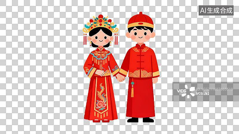 【AI数字艺术】结婚主题 传统中式婚礼新人礼服   中式婚礼卡通新人 喜庆传统婚纱礼服图片素材