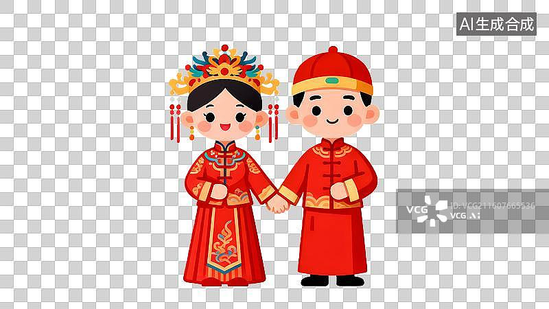 【AI数字艺术】结婚主题 传统中式婚礼新人礼服   中式婚礼卡通新人 喜庆传统婚纱礼服图片素材