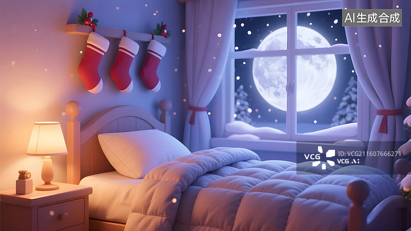 【AI数字艺术】圣诞夜卧室在温暖灯光中显得宁静安然图片素材