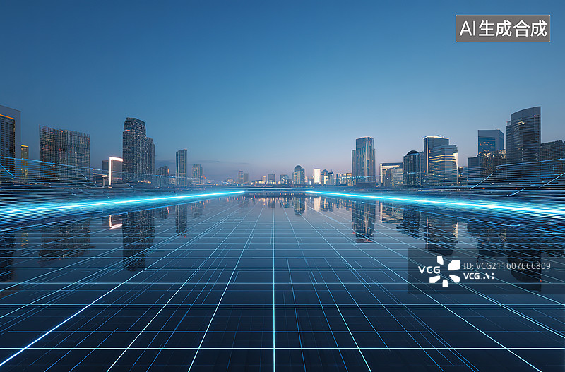 【AI数字艺术】未来城市夜景与发光网格图片素材
