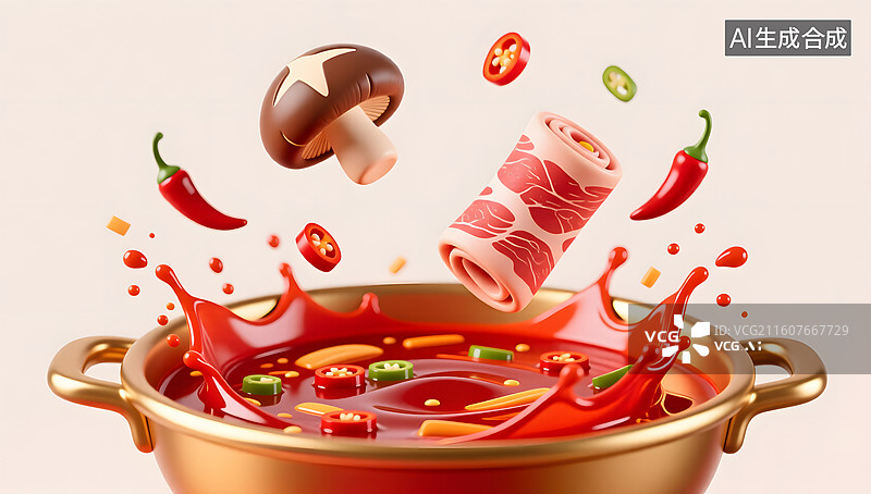 【AI数字艺术】火锅食材在沸腾红油中飞舞呈现欢乐气氛图片素材