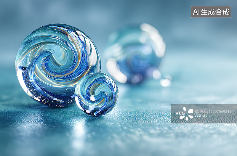 【AI数字艺术】蓝色螺旋玻璃球特写图片素材