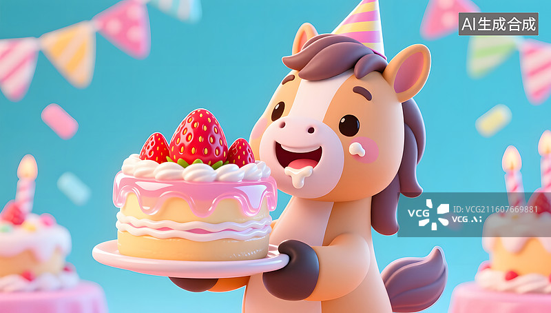 【AI数字艺术】可爱小马捧着草莓蛋糕享受甜蜜庆祝图片素材