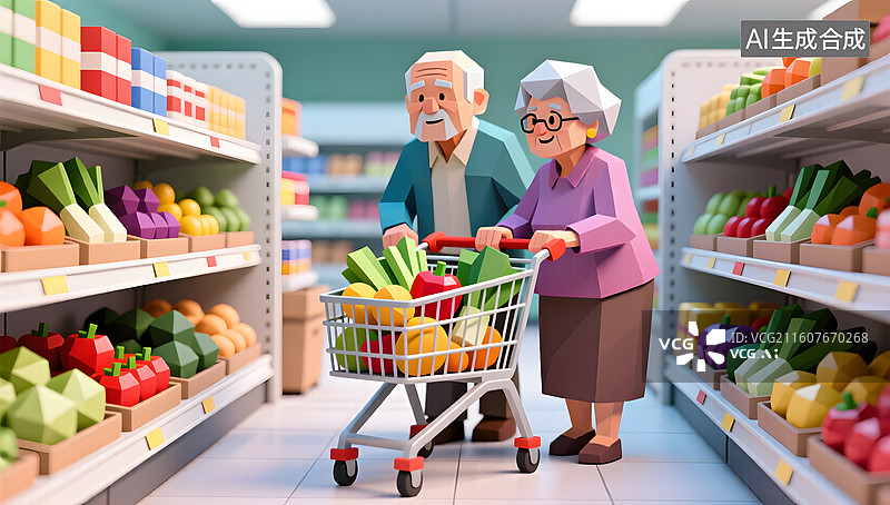 【AI数字艺术】老年夫妇在超市轻松选购日常食材图片素材