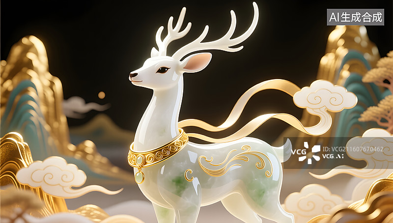 【AI数字艺术】灵动白鹿徜徉于鎏金山水幻境图片素材