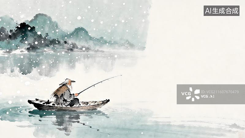 【AI数字艺术】寒江独钓雪景图 老翁垂钓水墨画   大雪节气，一名老者带着草帽划着船在江边钓鱼图片素材