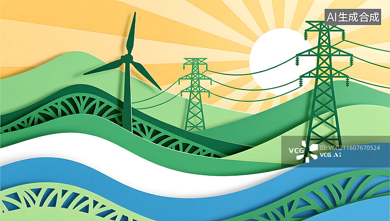 【AI数字艺术】绿色山峦中呈现传统与现代的能源风景图片素材