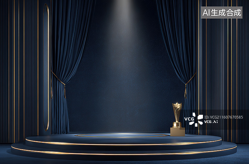 【AI数字艺术】舞台中央的金色奖杯图片素材