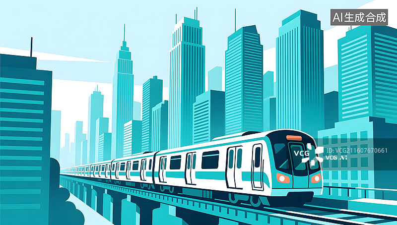 【AI数字艺术】城市地铁穿梭于繁忙商务城区之间图片素材