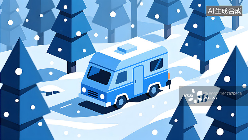 【AI数字艺术】蓝色露营车穿越冰雪森林的极简旅程图片素材