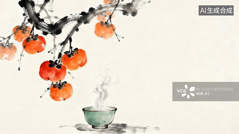 【AI数字艺术】水墨柿子与热茶 柿柿如意品茗图图片素材
