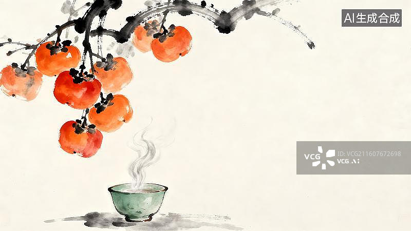 【AI数字艺术】水墨柿子与热茶 柿柿如意品茗图图片素材