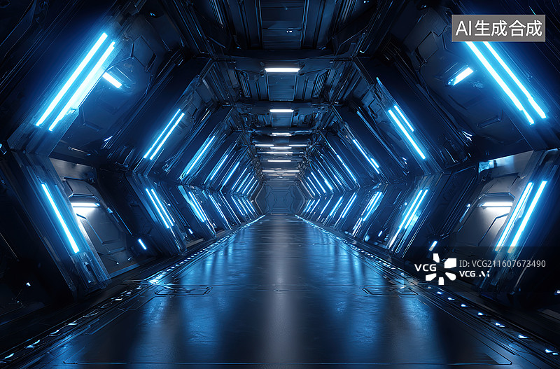 【AI数字艺术】科幻隧道内部蓝色灯光图片素材