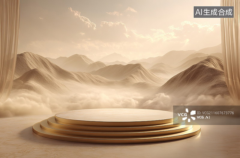 【AI数字艺术】金色阶梯平台与云雾山景图片素材