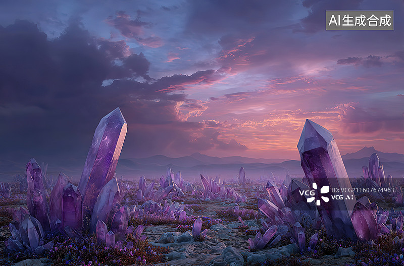【AI数字艺术】紫晶荒原暮色景观图片素材