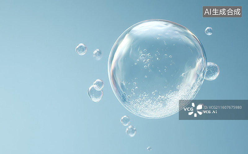 【AI数字艺术】透明水泡在蓝色背景中漂浮图片素材