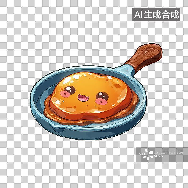 【AI数字艺术】可爱拟人化微笑煎饼猪扒在平底锅中煎制，淋有焦糖，卡通美食插画设计素材图片素材