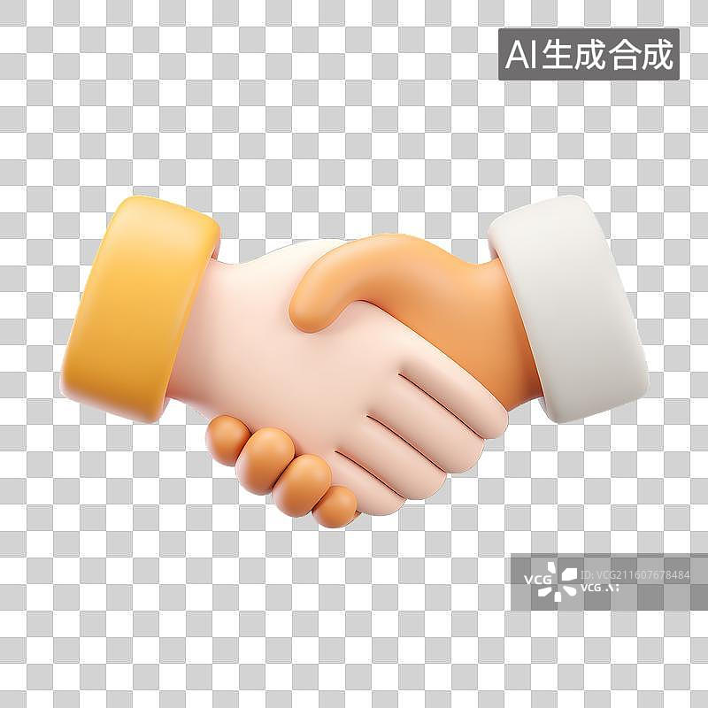 【AI数字艺术】3D拟物不同肤色双手握手免抠元素，象征合作、交易与商务协议的概念插画图片素材