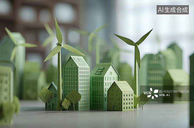 【AI数字艺术】绿色城市模型与风力发电机图片素材