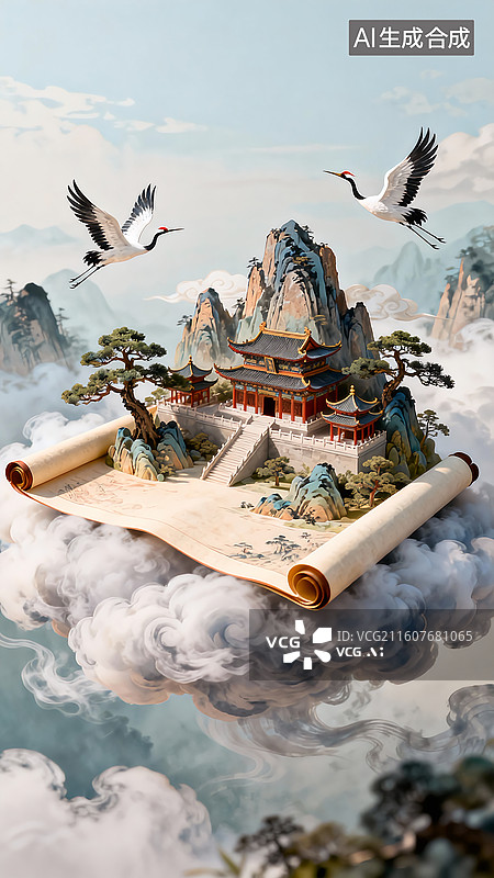 【AI数字艺术】国潮水墨画千里江山仙鹤卷轴图片素材