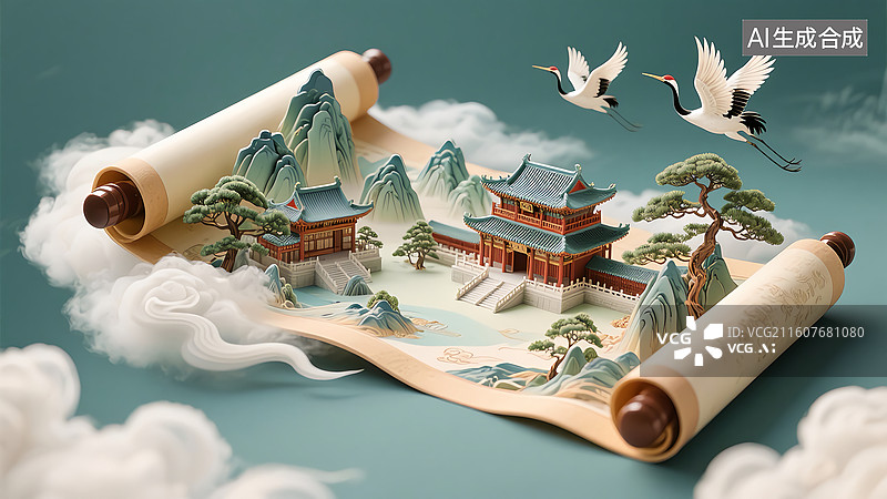 【AI数字艺术】国潮水墨画千里江山仙鹤卷轴图片素材
