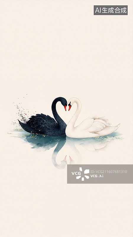 【AI数字艺术】黑天鹅湖面倒影图片素材
