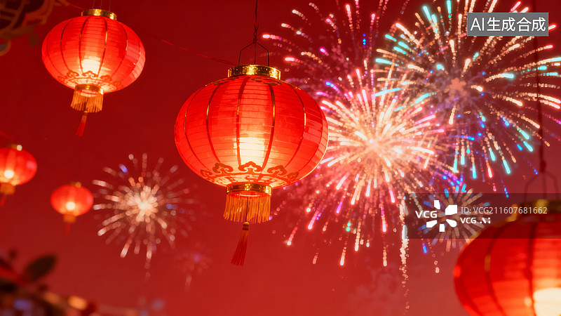 【AI数字艺术】红灯笼与烟花共庆节日夜图片素材