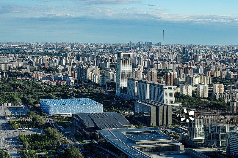 北京水立方与盘古大观同框图片素材