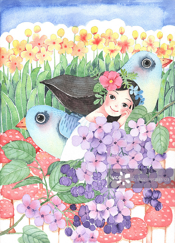 紫丁香花丛的女孩和鸟 500幅手绘唯美人物水彩画图片素材