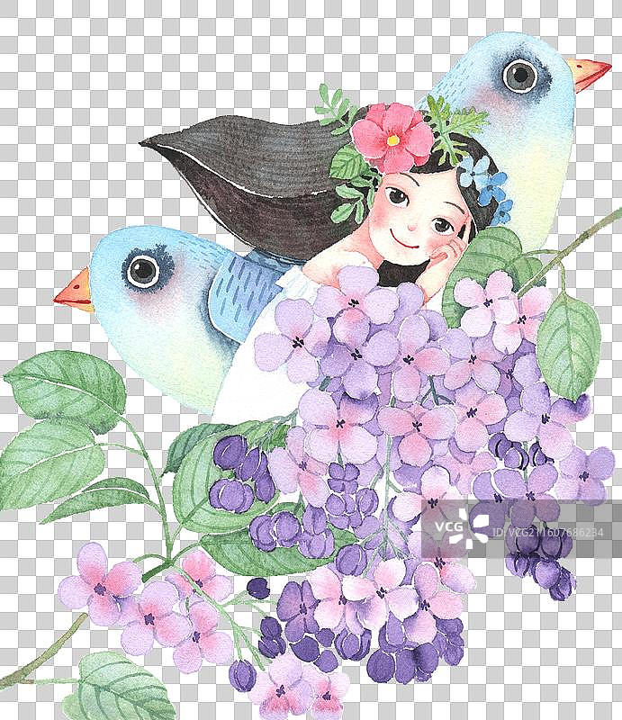 紫丁香花丛的女孩和鸟 500幅手绘唯美人物免抠图形水彩画图片素材