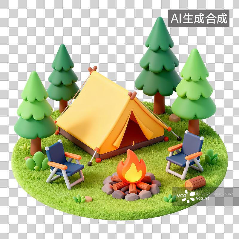 【AI数字艺术】帐篷森林草地和篝火，3D免抠元素图片素材
