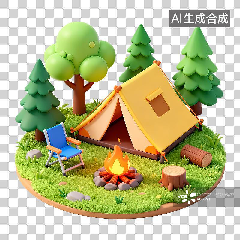 【AI数字艺术】帐篷森林草地和篝火，3D免抠元素图片素材