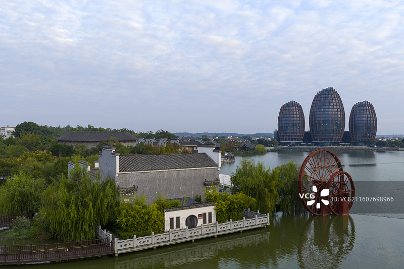 航拍江西赣州南康家居小镇景区建筑景观城市风光图片素材