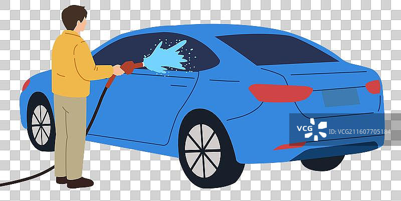 年轻人青年购买新车新能源车清洗清洁洗车喷洒水花人物场景插画图片素材