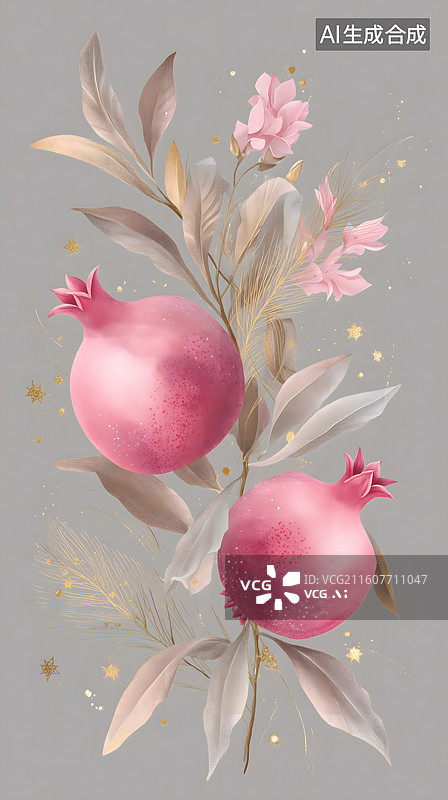 【AI数字艺术】粉榴柔羽缀银灰图片素材