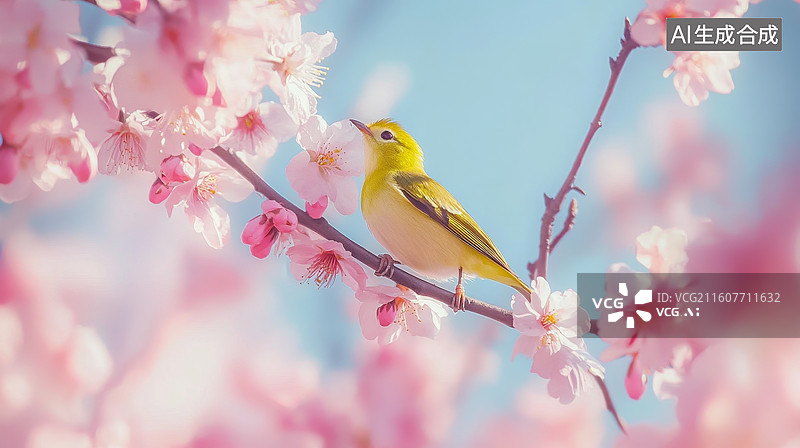 【AI数字艺术】黄莺栖息在樱花枝上图片素材