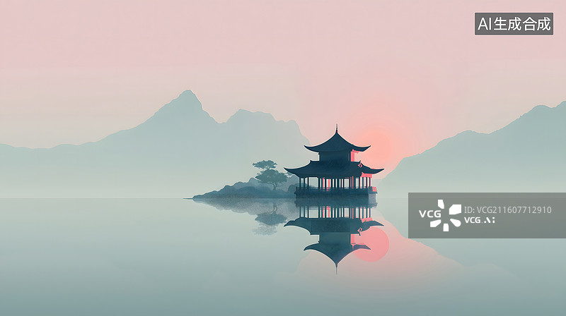【AI数字艺术】烟水亭台映霞晖图片素材