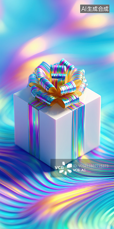【AI数字艺术】彩色流体背景一个2026年白色新年礼盒圣诞节礼物3D立体场景图片素材