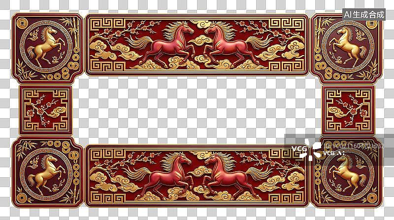 【AI数字艺术】红金浮雕骏马祥云装饰边框图片素材