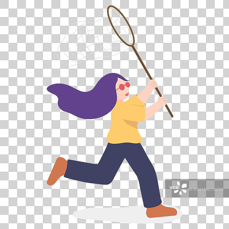 小女孩拿着捕虫网奔跑的矢量插画图片素材