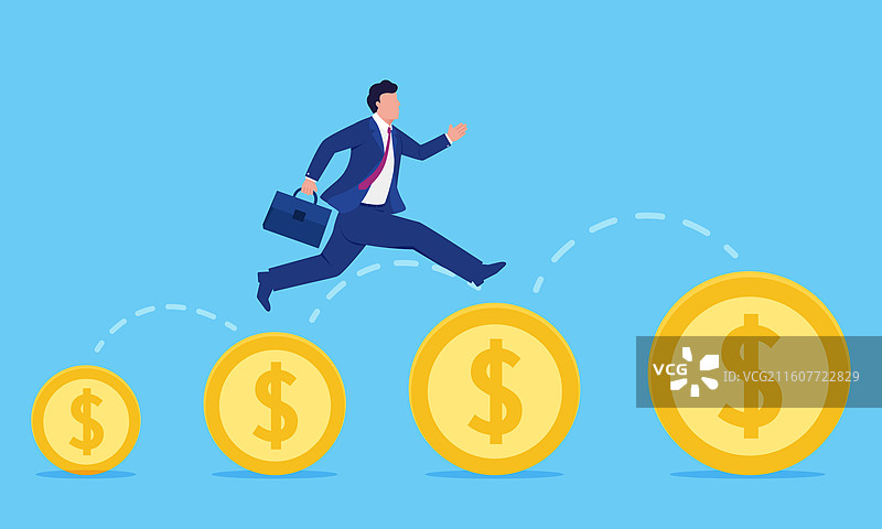 商人获取更多金币的矢量商业插图，男人在金币上跳跃图片素材